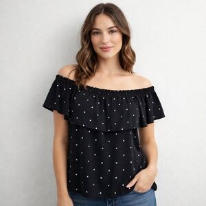 90s Y2K International Concepts Beaded Off Shoulder Top Black Polka Dot Ruffle
